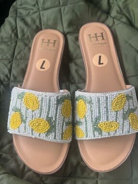 Haute Hippie Yellow Lemon Beaded Slide Sandals Sz 7 New